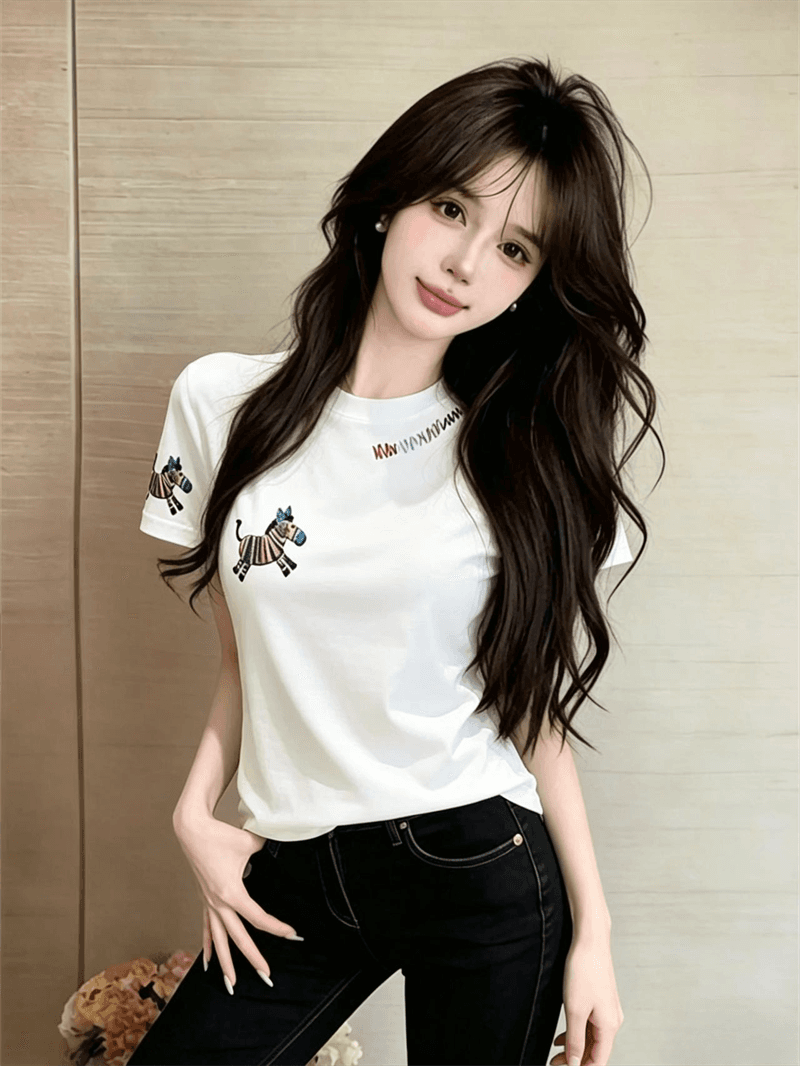 실사 한국 스타일 색상 작은 말 자수 반팔 티셔츠 여성 2026 년 새로운 라운드 넥 몸매 가꾸기 슬림해 보이는 다용도 맨위 이미지 3