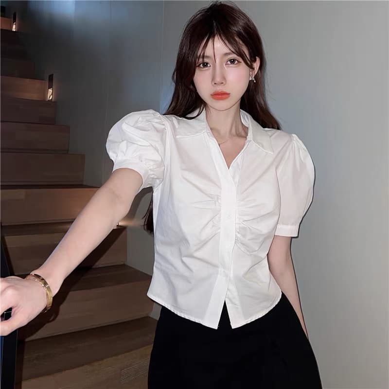 실사 여름 한국 스타일 달콤함 POLO 칼라 반팔 슬림해 보이는 루즈핏 종류 거품 소매 주름 오픈 가디건 셔츠 상세 이미지 2