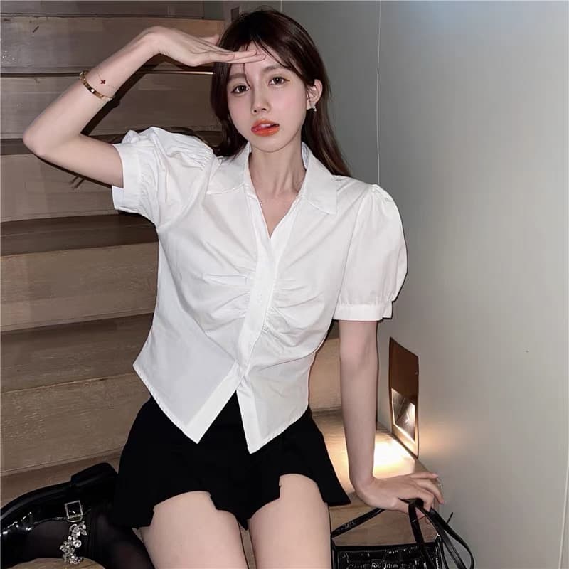 실사 여름 한국 스타일 달콤함 POLO 칼라 반팔 슬림해 보이는 루즈핏 종류 거품 소매 주름 오픈 가디건 셔츠 상세 이미지 4