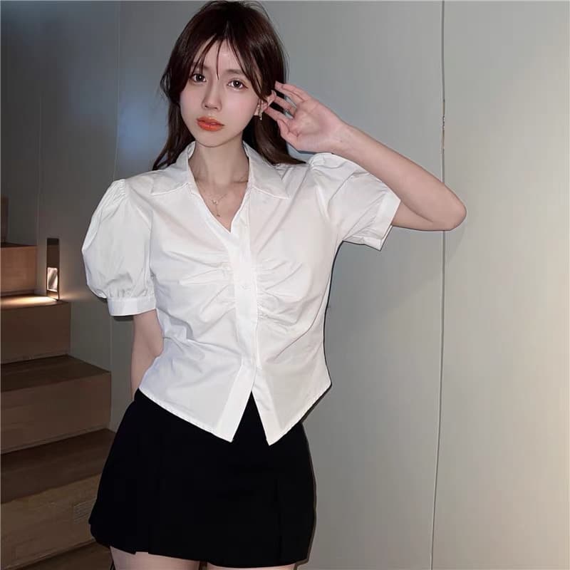 실사 여름 한국 스타일 달콤함 POLO 칼라 반팔 슬림해 보이는 루즈핏 종류 거품 소매 주름 오픈 가디건 셔츠 상세 이미지 6