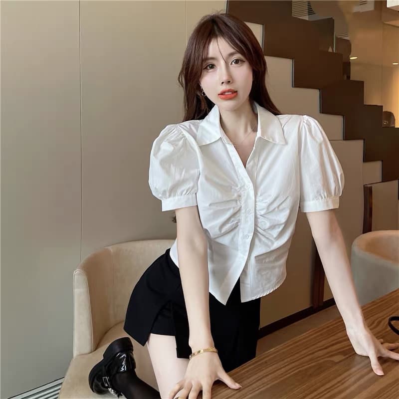 실사 여름 한국 스타일 달콤함 POLO 칼라 반팔 슬림해 보이는 루즈핏 종류 거품 소매 주름 오픈 가디건 셔츠 상세 이미지 7