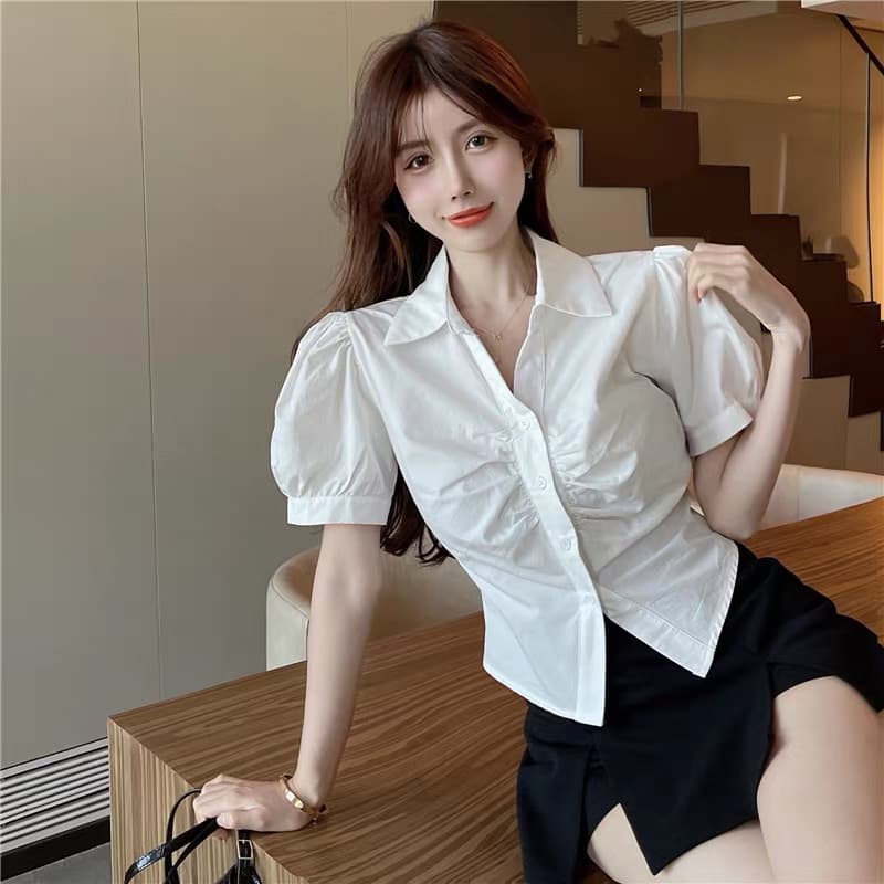 실사 여름 한국 스타일 달콤함 POLO 칼라 반팔 슬림해 보이는 루즈핏 종류 거품 소매 주름 오픈 가디건 셔츠 상세 이미지 8