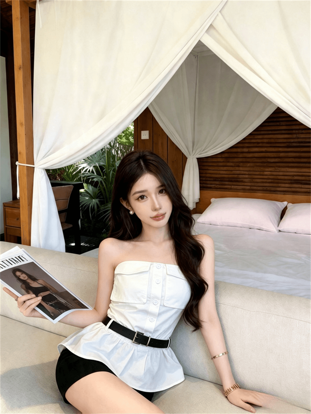 실사 여름 프랑스식 보트넥 튜브탑 조끼 벨트 포함 몸매 가꾸기 섹시함 핫걸 쇼트 스타일 민소매 허리 수축 맨위 이미지 4