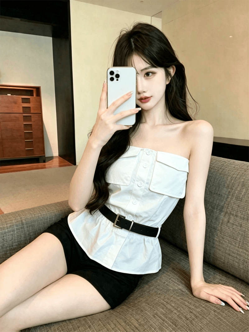실사 여름 프랑스식 보트넥 튜브탑 조끼 벨트 포함 몸매 가꾸기 섹시함 핫걸 쇼트 스타일 민소매 허리 수축 맨위 상세 이미지 7
