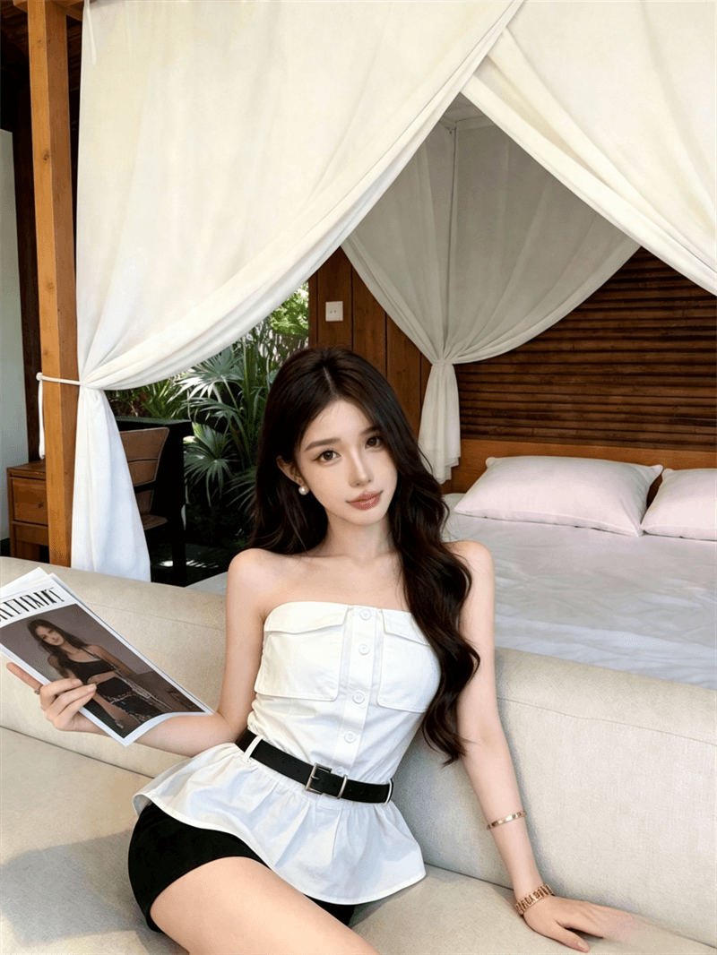 실사 여름 프랑스식 보트넥 튜브탑 조끼 벨트 포함 몸매 가꾸기 섹시함 핫걸 쇼트 스타일 민소매 허리 수축 맨위 상세 이미지 8
