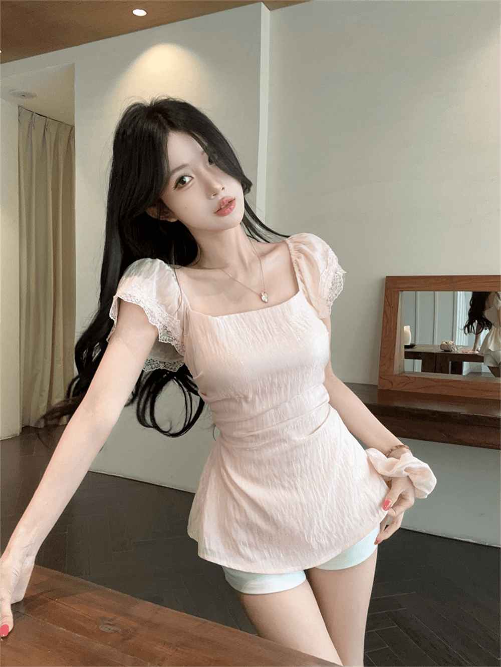 실사 여름 순수한 욕망 광장 칼라 패치워크 레이스 셔츠 튜브탑 종류 백리스 티셔츠 달콤함 허리 수축 프릴 맨위 이미지 4