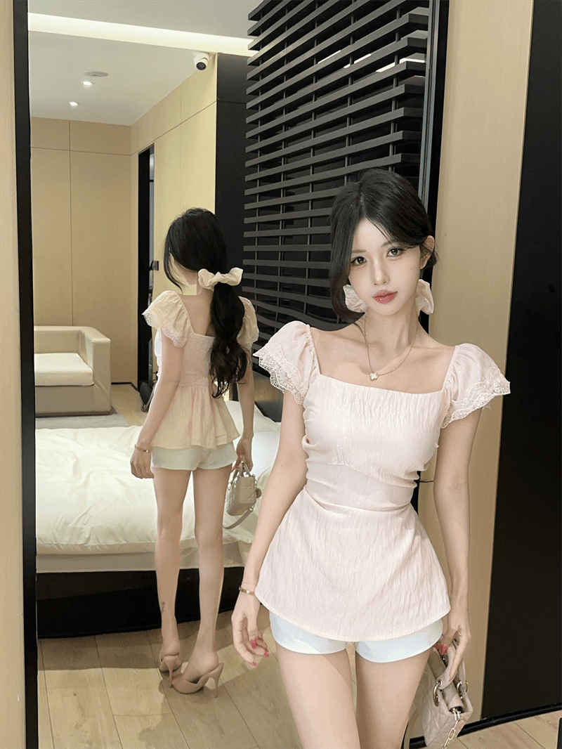 실사 여름 순수한 욕망 광장 칼라 패치워크 레이스 셔츠 튜브탑 종류 백리스 티셔츠 달콤함 허리 수축 프릴 맨위 상세 이미지 6