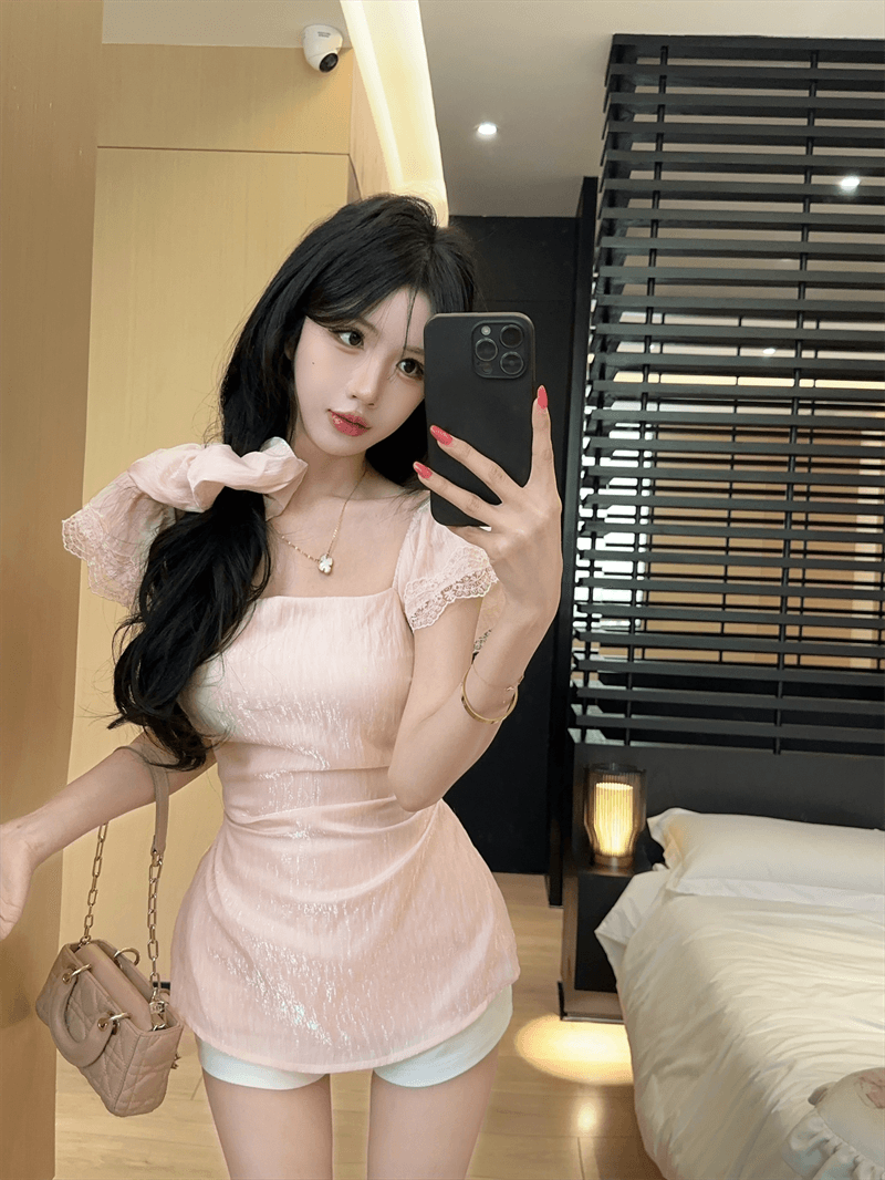 실사 여름 순수한 욕망 광장 칼라 패치워크 레이스 셔츠 튜브탑 종류 백리스 티셔츠 달콤함 허리 수축 프릴 맨위 상세 이미지 10