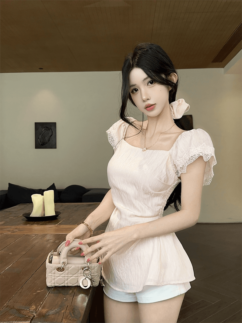 실사 여름 순수한 욕망 광장 칼라 패치워크 레이스 셔츠 튜브탑 종류 백리스 티셔츠 달콤함 허리 수축 프릴 맨위 상세 이미지 11
