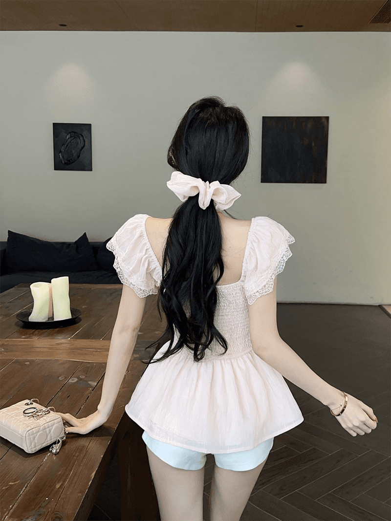 실사 여름 순수한 욕망 광장 칼라 패치워크 레이스 셔츠 튜브탑 종류 백리스 티셔츠 달콤함 허리 수축 프릴 맨위 상세 이미지 16