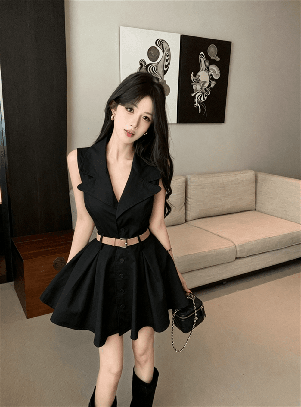 실사 여름 한국 스타일 품격 POLO 칼라 허리 수축 슬림해 보이는 중간 길이 셔츠 달콤함 싱글 줄 버튼 오픈 가디건 드레스 이미지 4