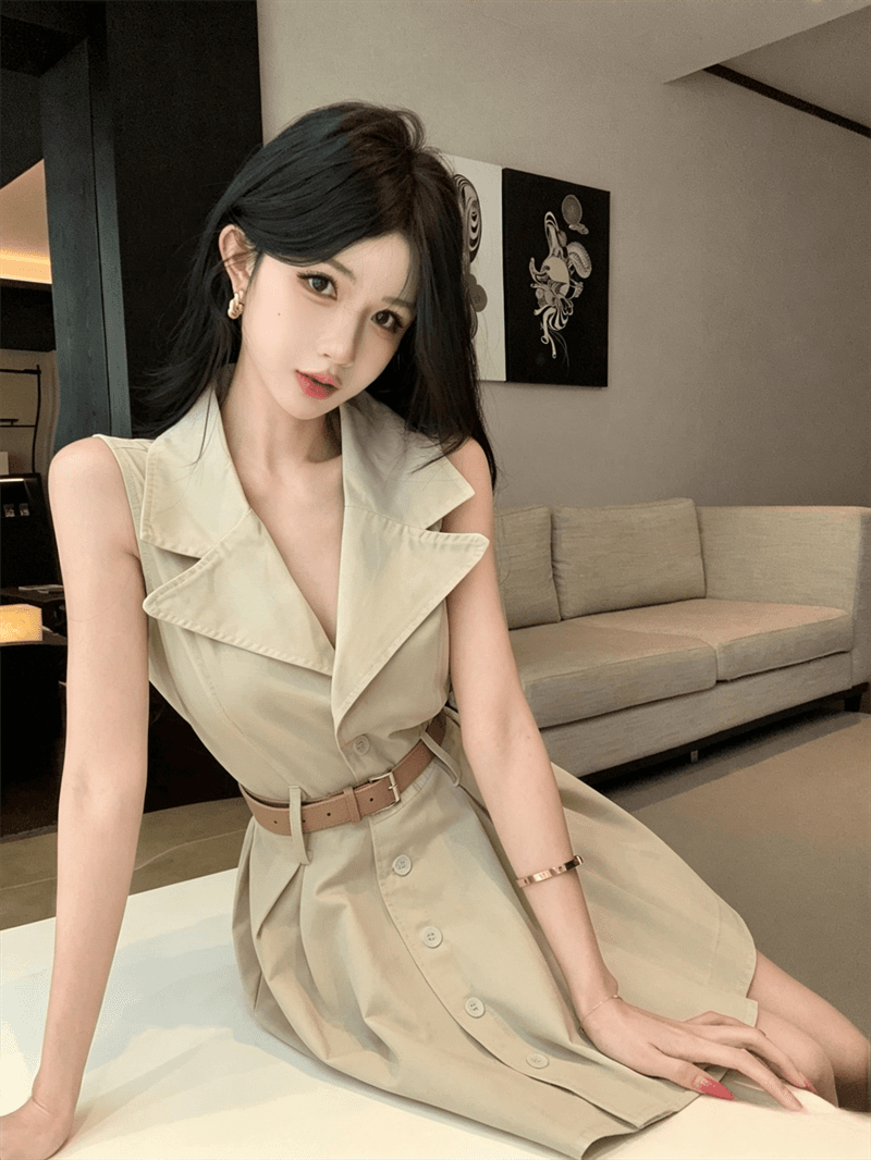 실사 여름 한국 스타일 품격 POLO 칼라 허리 수축 슬림해 보이는 중간 길이 셔츠 달콤함 싱글 줄 버튼 오픈 가디건 드레스 상세 이미지 1