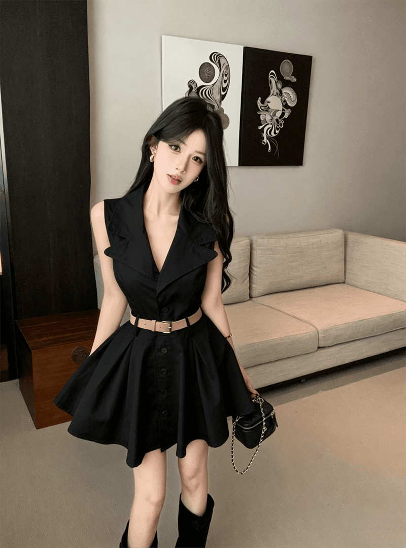 실사 여름 한국 스타일 품격 POLO 칼라 허리 수축 슬림해 보이는 중간 길이 셔츠 달콤함 싱글 줄 버튼 오픈 가디건 드레스 상세 이미지 4