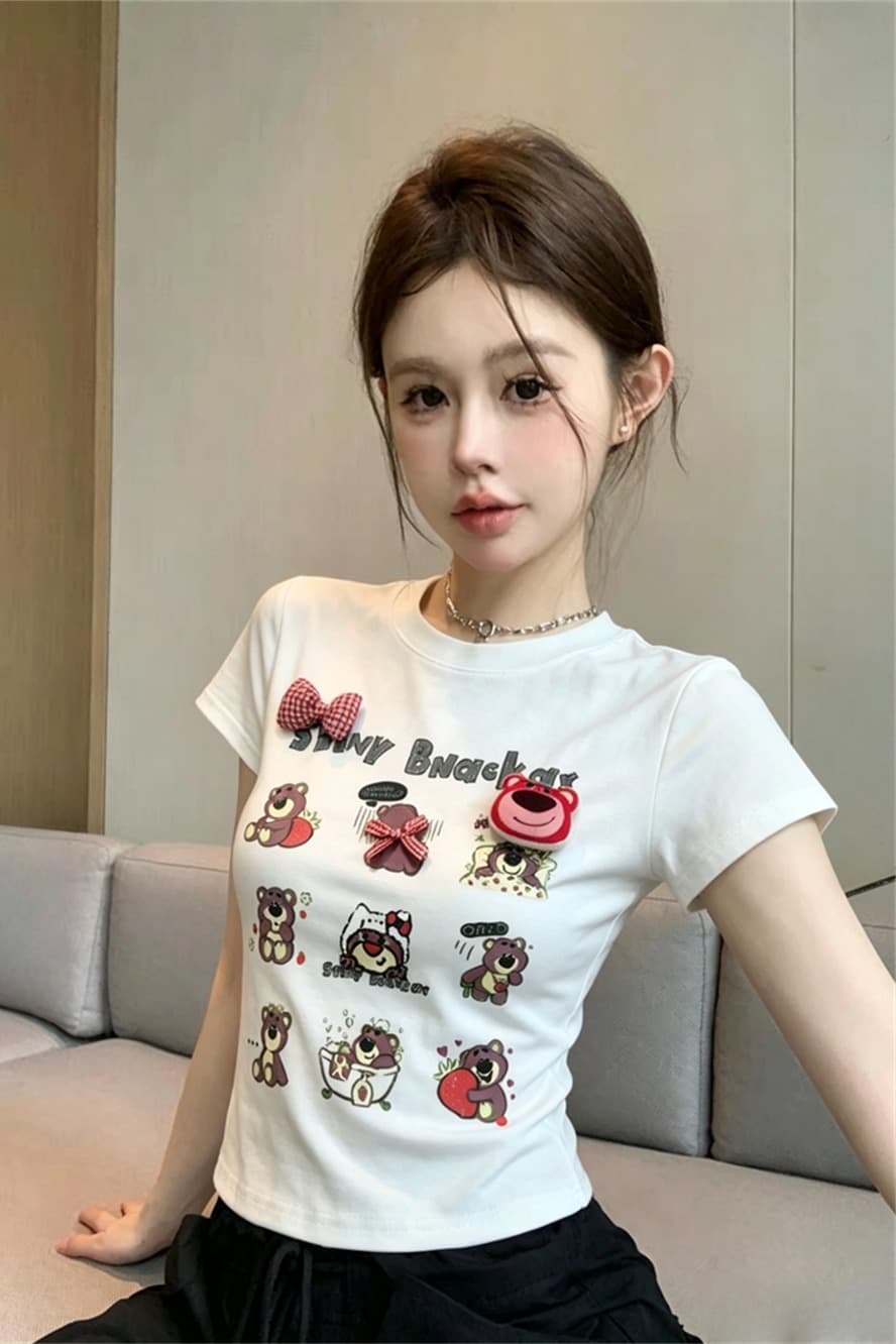 실사 여름 디자인 센스 라운드 넥 패치워크 나비 매듭 만화 몸매 가꾸기 반팔 맨위 핫걸 쇼트 스타일 프린트 티셔츠 이미지 6