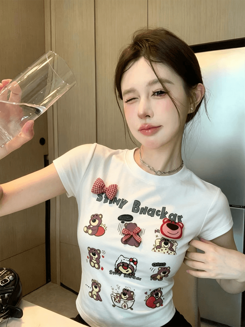 실사 여름 디자인 센스 라운드 넥 패치워크 나비 매듭 만화 몸매 가꾸기 반팔 맨위 핫걸 쇼트 스타일 프린트 티셔츠 상세 이미지 1