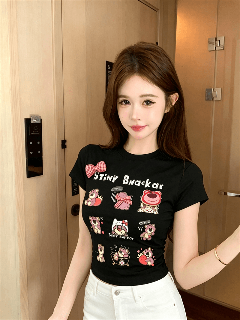실사 여름 디자인 센스 라운드 넥 패치워크 나비 매듭 만화 몸매 가꾸기 반팔 맨위 핫걸 쇼트 스타일 프린트 티셔츠 상세 이미지 8