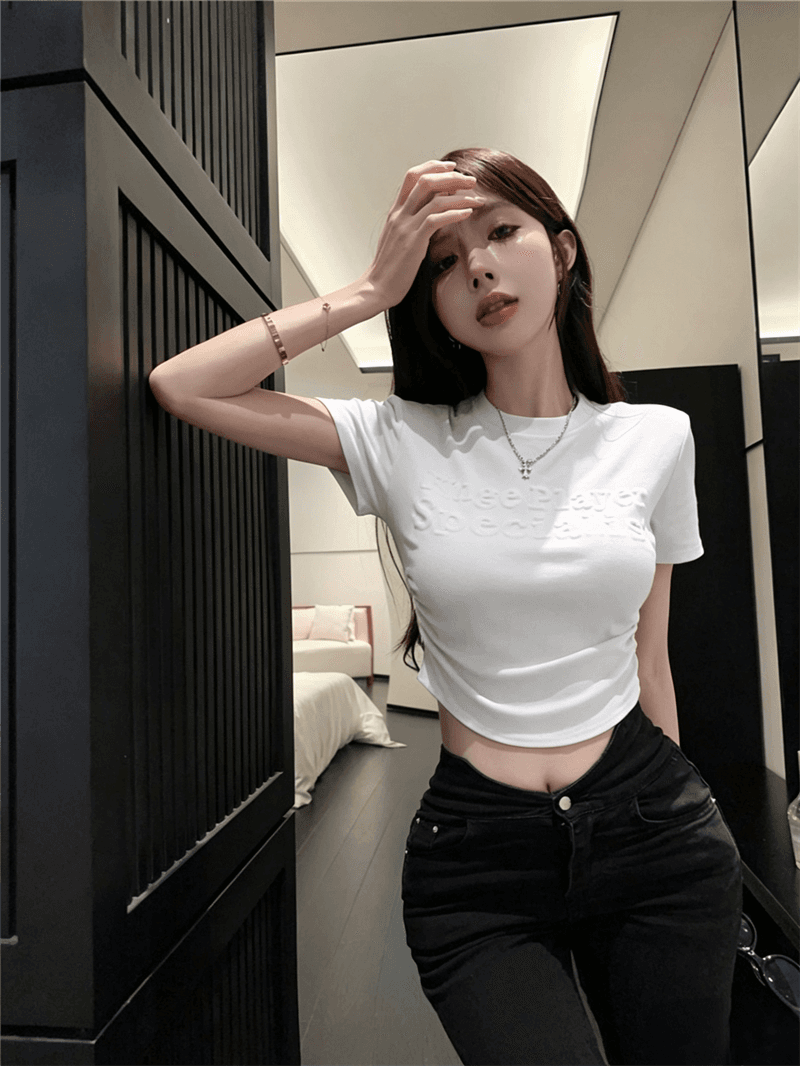 실사 여름 핫걸 디자인 센스 라운드 넥 패치워크 반팔 몸매 가꾸기 슬림해 보이는 알파벳 프린트 쇼트 스타일 펌프 Pleat 티셔츠 여성 상세 이미지 1