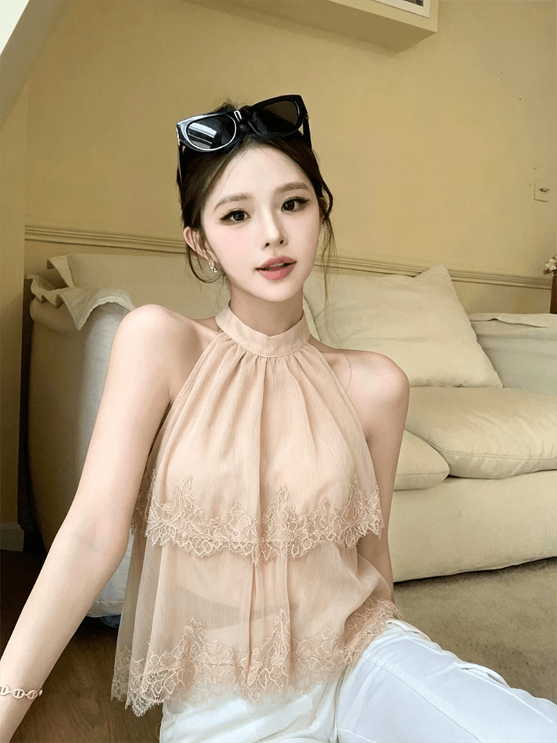실사 여름 법 색 품격 라운드 넥 패치워크 페이크 레이어드 행침 목 종류 오프숄더 조끼 섹시함 프릴 맨위 상세 이미지 2