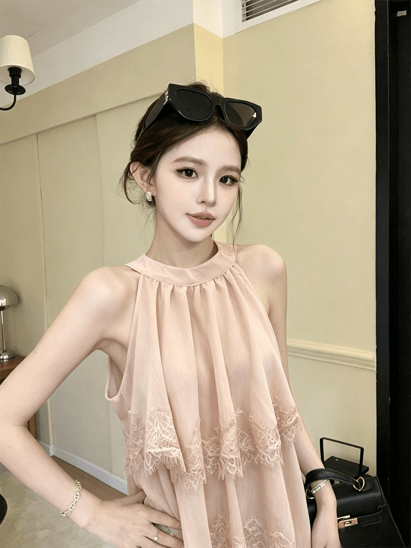 실사 여름 법 색 품격 라운드 넥 패치워크 페이크 레이어드 행침 목 종류 오프숄더 조끼 섹시함 프릴 맨위 상세 이미지 4