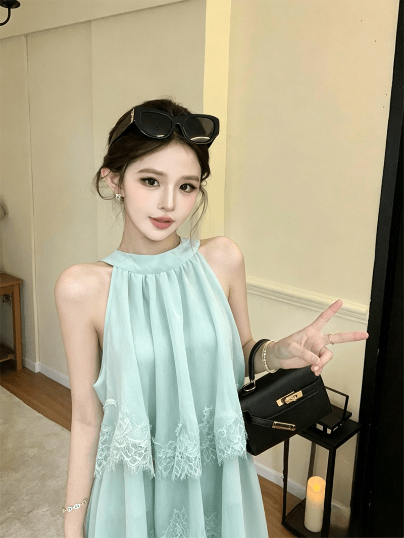 실사 여름 법 색 품격 라운드 넥 패치워크 페이크 레이어드 행침 목 종류 오프숄더 조끼 섹시함 프릴 맨위 상세 이미지 6