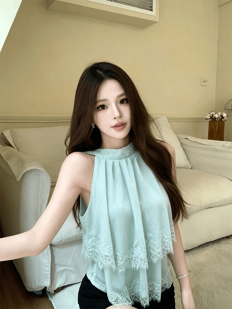 실사 여름 법 색 품격 라운드 넥 패치워크 페이크 레이어드 행침 목 종류 오프숄더 조끼 섹시함 프릴 맨위 상세 이미지 8
