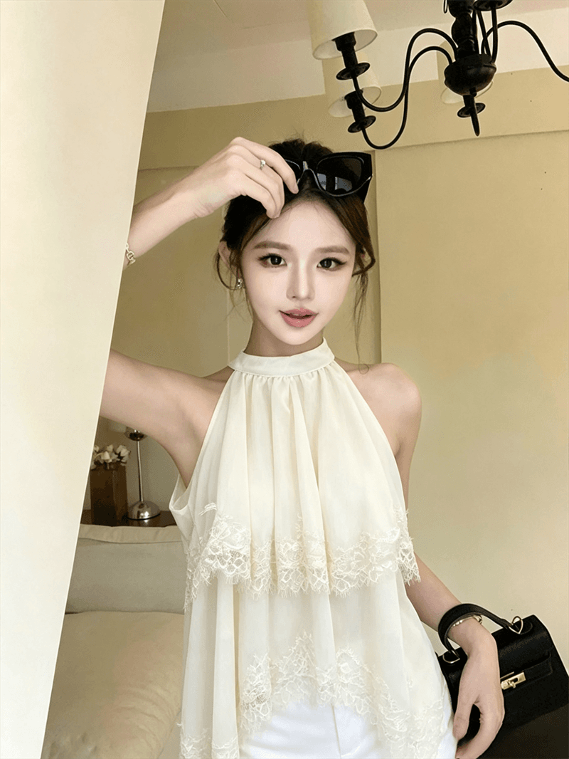 실사 여름 법 색 품격 라운드 넥 패치워크 페이크 레이어드 행침 목 종류 오프숄더 조끼 섹시함 프릴 맨위 상세 이미지 12