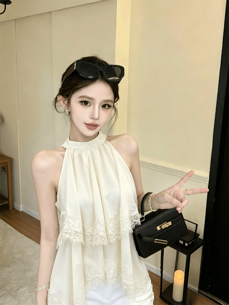 실사 여름 법 색 품격 라운드 넥 패치워크 페이크 레이어드 행침 목 종류 오프숄더 조끼 섹시함 프릴 맨위 상세 이미지 13