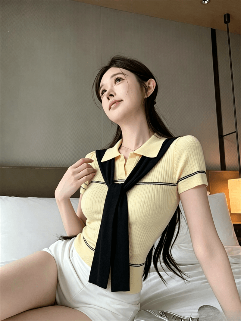 실사 여름 달콤함 POLO 칼라 패치워크 반팔 풀오버 맨위 몸매 가꾸기 경기 리본 핫걸 스트라이프 니트 티셔츠 상세 이미지 1
