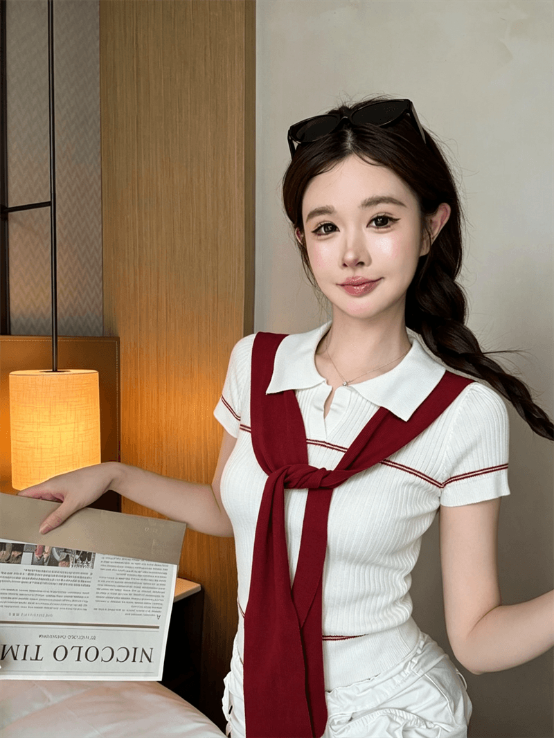 실사 여름 달콤함 POLO 칼라 패치워크 반팔 풀오버 맨위 몸매 가꾸기 경기 리본 핫걸 스트라이프 니트 티셔츠 상세 이미지 6