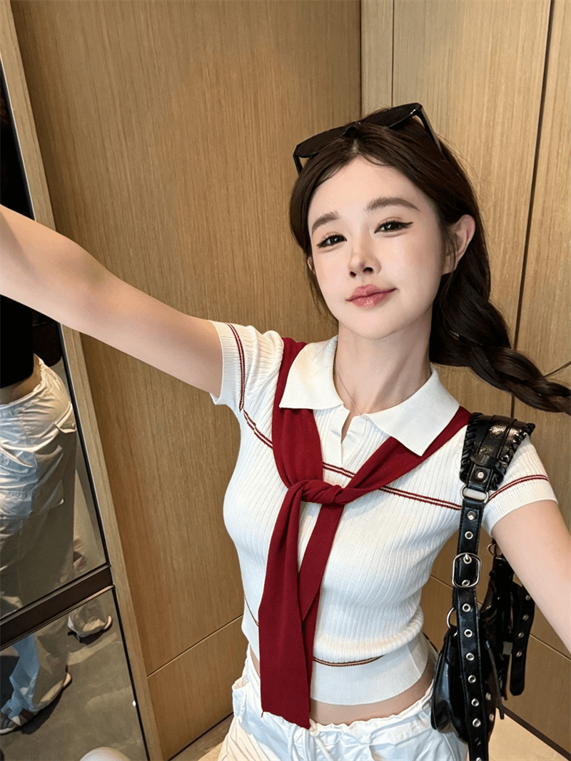 실사 여름 달콤함 POLO 칼라 패치워크 반팔 풀오버 맨위 몸매 가꾸기 경기 리본 핫걸 스트라이프 니트 티셔츠 상세 이미지 7