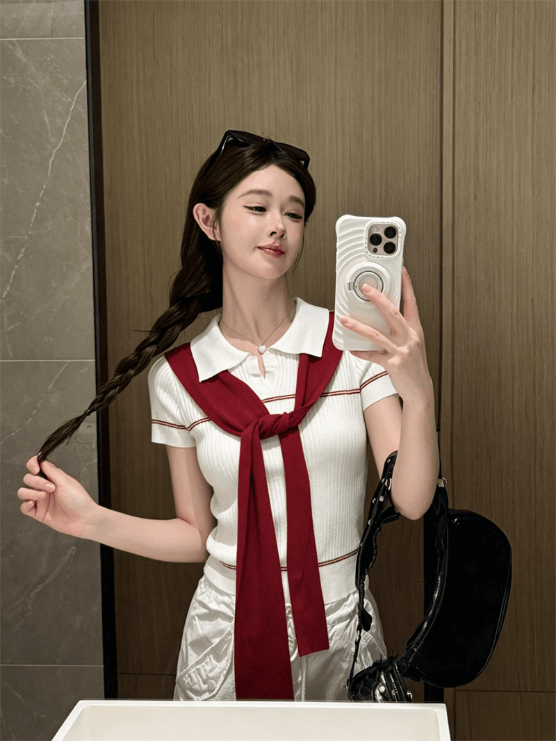 실사 여름 달콤함 POLO 칼라 패치워크 반팔 풀오버 맨위 몸매 가꾸기 경기 리본 핫걸 스트라이프 니트 티셔츠 상세 이미지 8