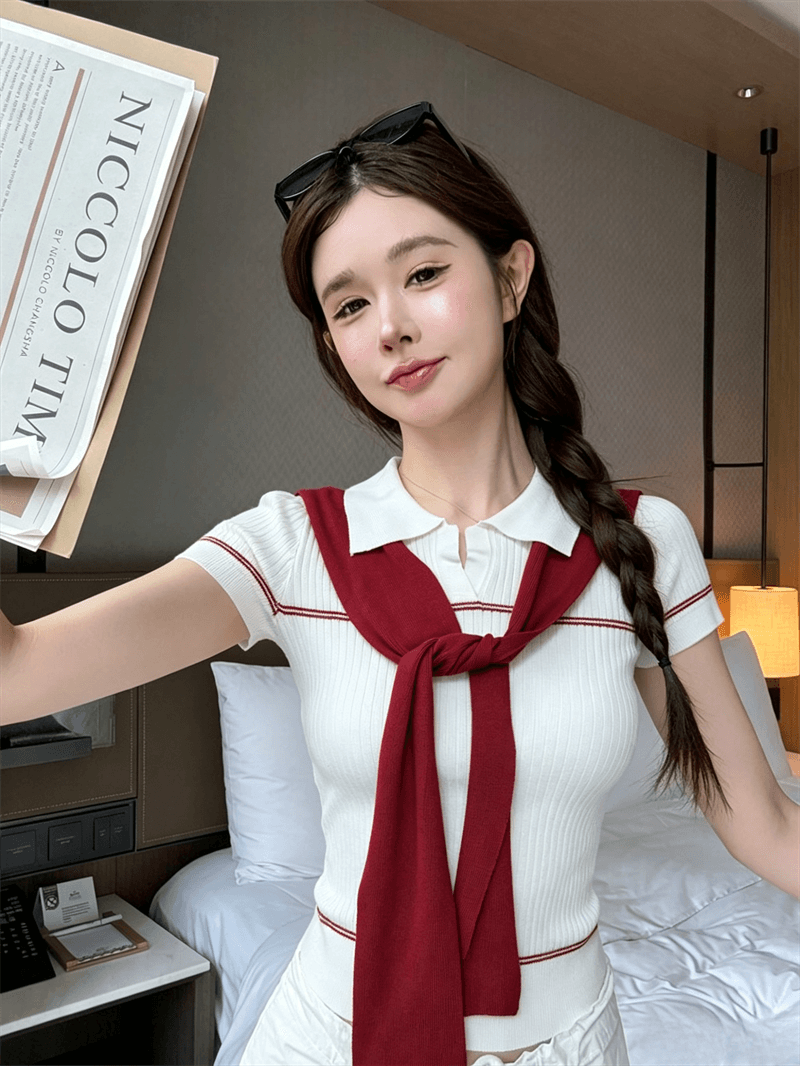 실사 여름 달콤함 POLO 칼라 패치워크 반팔 풀오버 맨위 몸매 가꾸기 경기 리본 핫걸 스트라이프 니트 티셔츠 상세 이미지 9