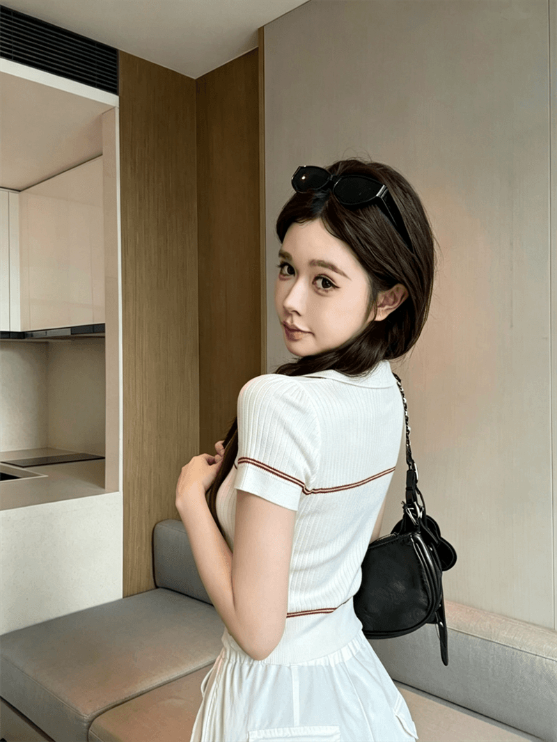 실사 여름 달콤함 POLO 칼라 패치워크 반팔 풀오버 맨위 몸매 가꾸기 경기 리본 핫걸 스트라이프 니트 티셔츠 상세 이미지 10