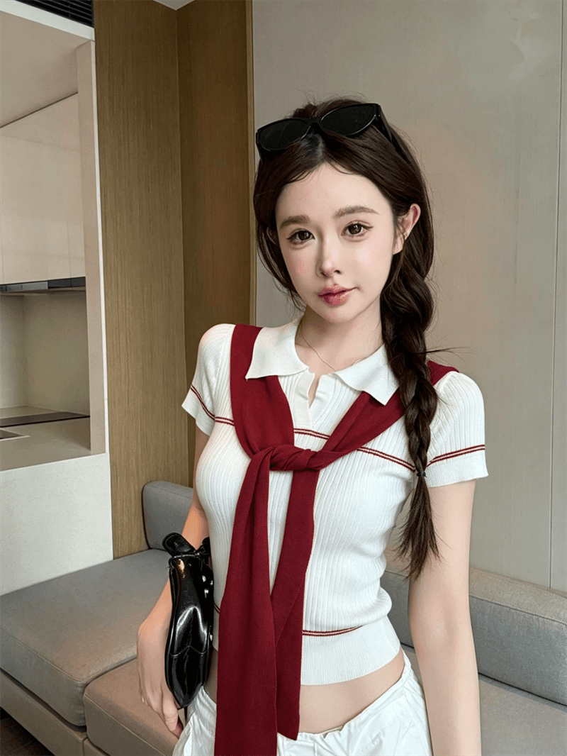 실사 여름 달콤함 POLO 칼라 패치워크 반팔 풀오버 맨위 몸매 가꾸기 경기 리본 핫걸 스트라이프 니트 티셔츠 상세 이미지 11