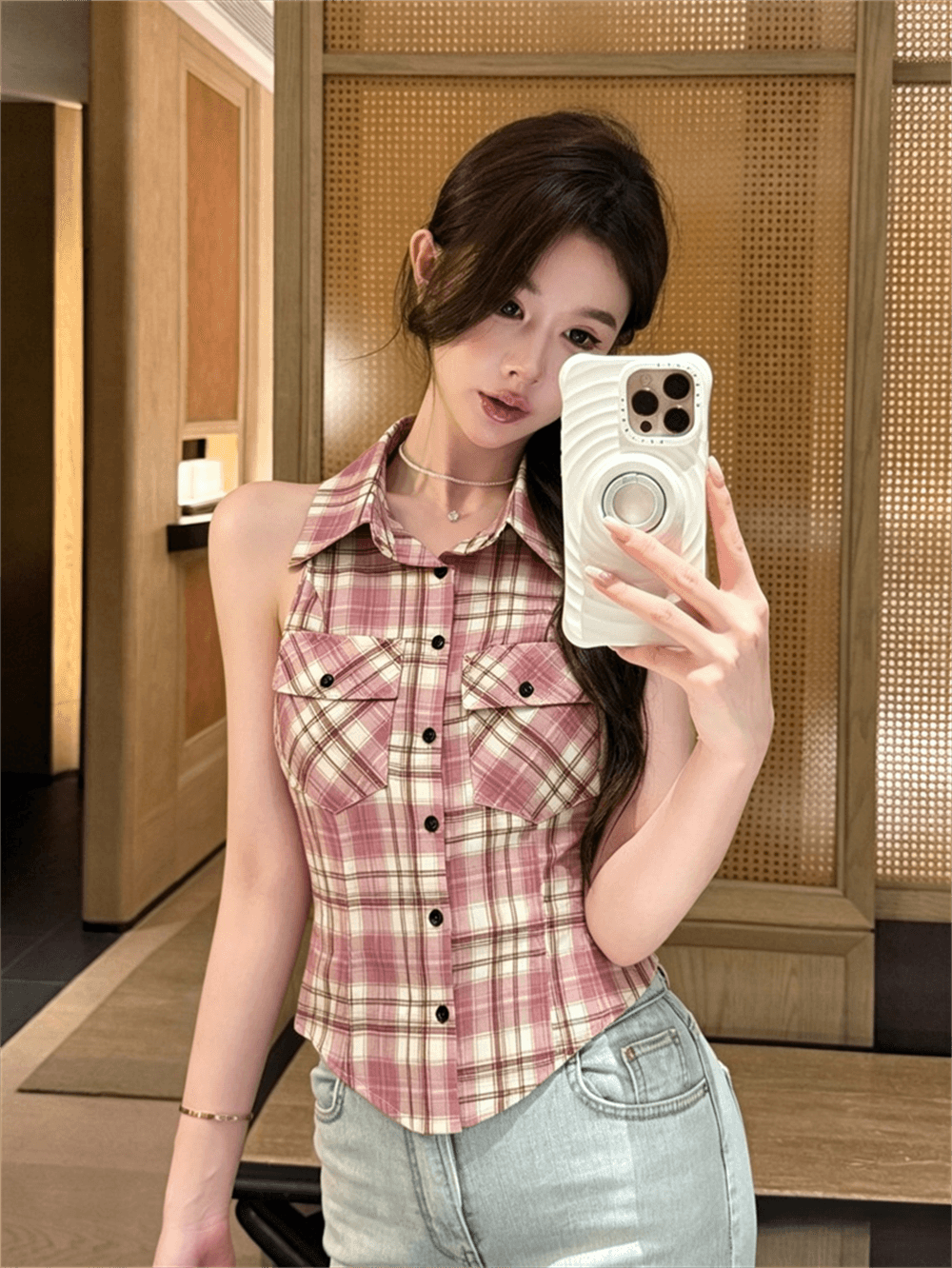 여름 불규칙 이슬 허리 POLO 칼라 패치워크 체크무늬 싱글 줄 버튼 쇼트 스타일 레이스업 나비 매듭 몸매 가꾸기 조끼 맨위