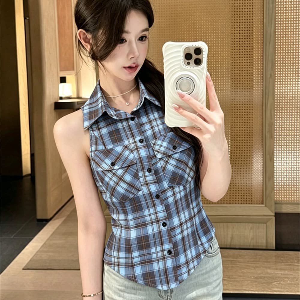 여름 불규칙 이슬 허리 POLO 칼라 패치워크 체크무늬 싱글 줄 버튼 쇼트 스타일 레이스업 나비 매듭 몸매 가꾸기 조끼 맨위 이미지 5