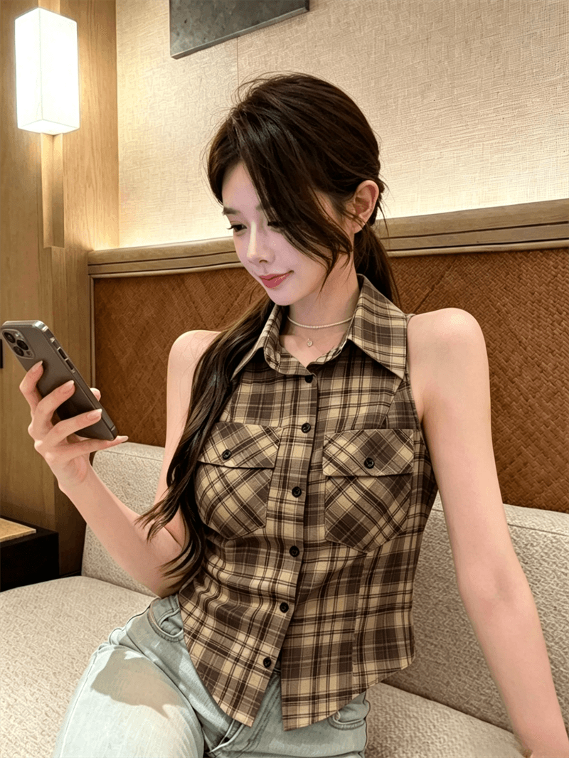 여름 불규칙 이슬 허리 POLO 칼라 패치워크 체크무늬 싱글 줄 버튼 쇼트 스타일 레이스업 나비 매듭 몸매 가꾸기 조끼 맨위 상세 이미지 1
