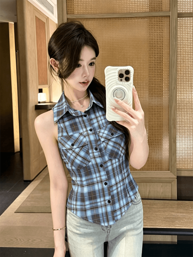 여름 불규칙 이슬 허리 POLO 칼라 패치워크 체크무늬 싱글 줄 버튼 쇼트 스타일 레이스업 나비 매듭 몸매 가꾸기 조끼 맨위 상세 이미지 5