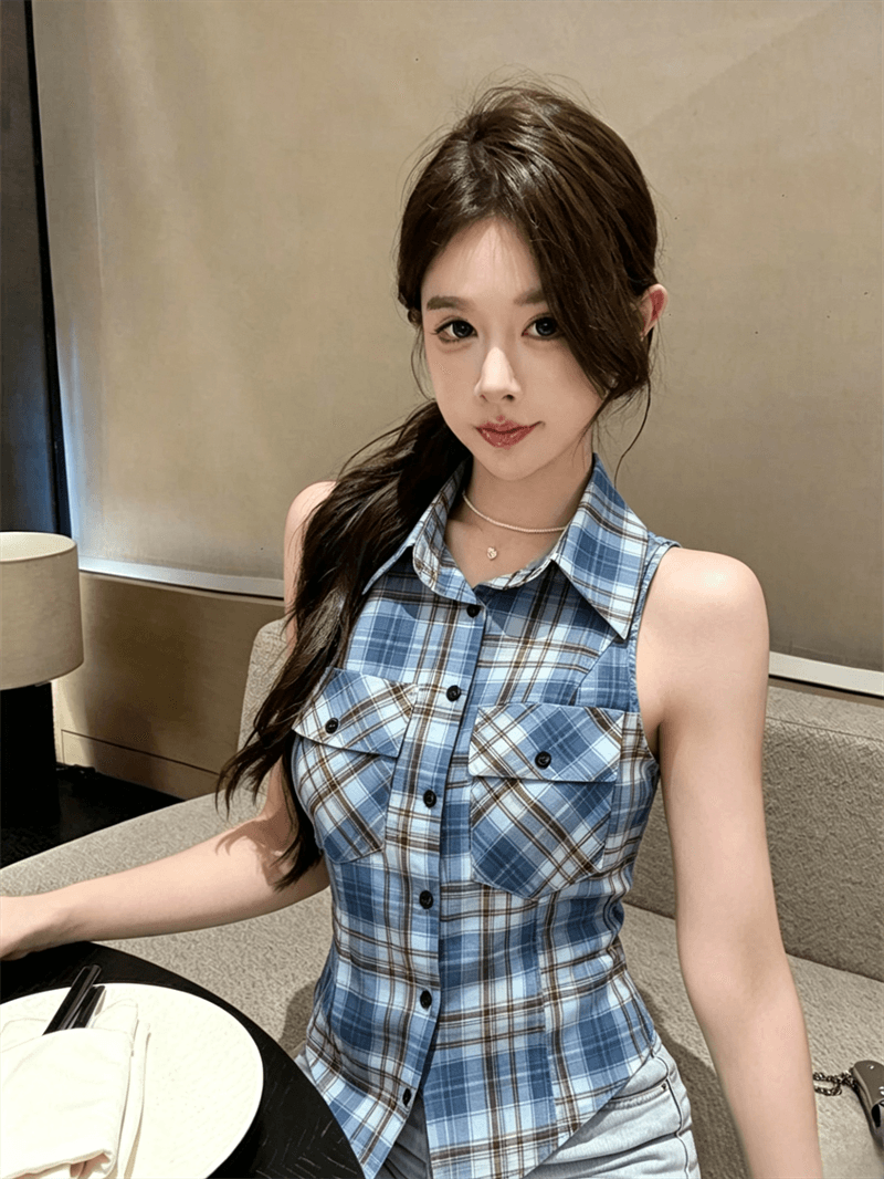 여름 불규칙 이슬 허리 POLO 칼라 패치워크 체크무늬 싱글 줄 버튼 쇼트 스타일 레이스업 나비 매듭 몸매 가꾸기 조끼 맨위 상세 이미지 7