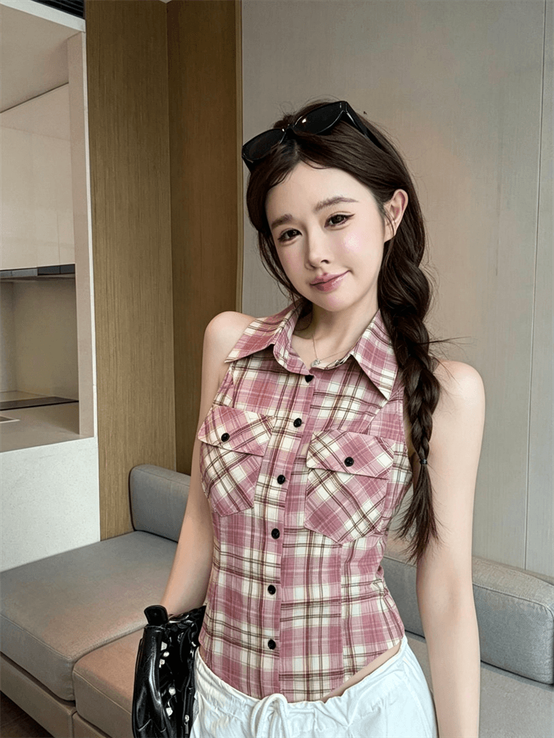 여름 불규칙 이슬 허리 POLO 칼라 패치워크 체크무늬 싱글 줄 버튼 쇼트 스타일 레이스업 나비 매듭 몸매 가꾸기 조끼 맨위 상세 이미지 8