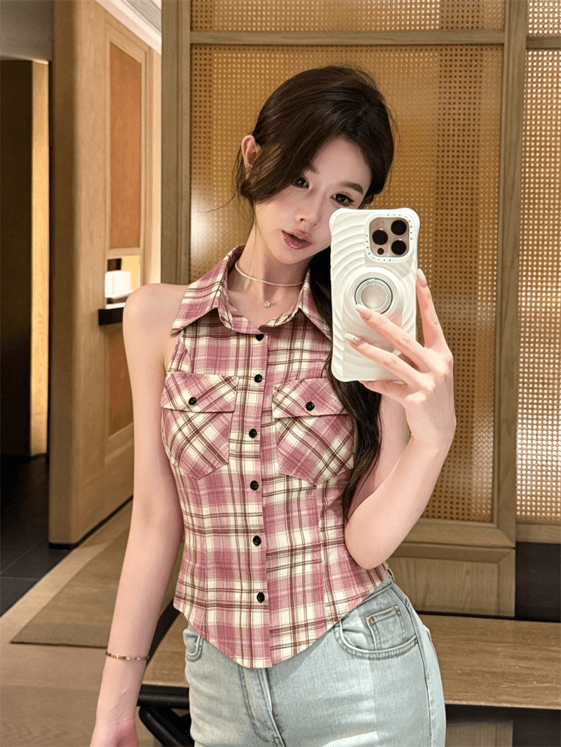 여름 불규칙 이슬 허리 POLO 칼라 패치워크 체크무늬 싱글 줄 버튼 쇼트 스타일 레이스업 나비 매듭 몸매 가꾸기 조끼 맨위 상세 이미지 13