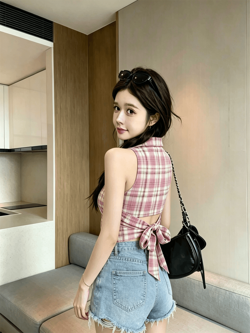 여름 불규칙 이슬 허리 POLO 칼라 패치워크 체크무늬 싱글 줄 버튼 쇼트 스타일 레이스업 나비 매듭 몸매 가꾸기 조끼 맨위 상세 이미지 15