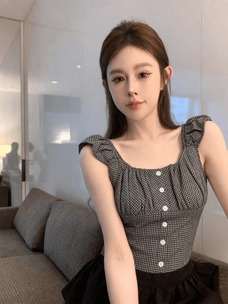 실사 여름 싱글 줄 버튼 광장 칼라 패치워크 도트 무늬 민소매 맨위 핫걸 쇼트 스타일 허리 수축 슬림해 보이는 풀오버 조끼 상세 이미지 1