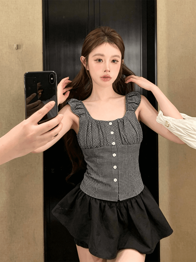 실사 여름 싱글 줄 버튼 광장 칼라 패치워크 도트 무늬 민소매 맨위 핫걸 쇼트 스타일 허리 수축 슬림해 보이는 풀오버 조끼 상세 이미지 2