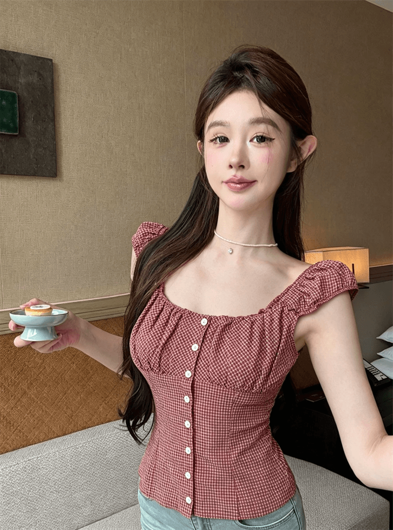 실사 여름 싱글 줄 버튼 광장 칼라 패치워크 도트 무늬 민소매 맨위 핫걸 쇼트 스타일 허리 수축 슬림해 보이는 풀오버 조끼 상세 이미지 11
