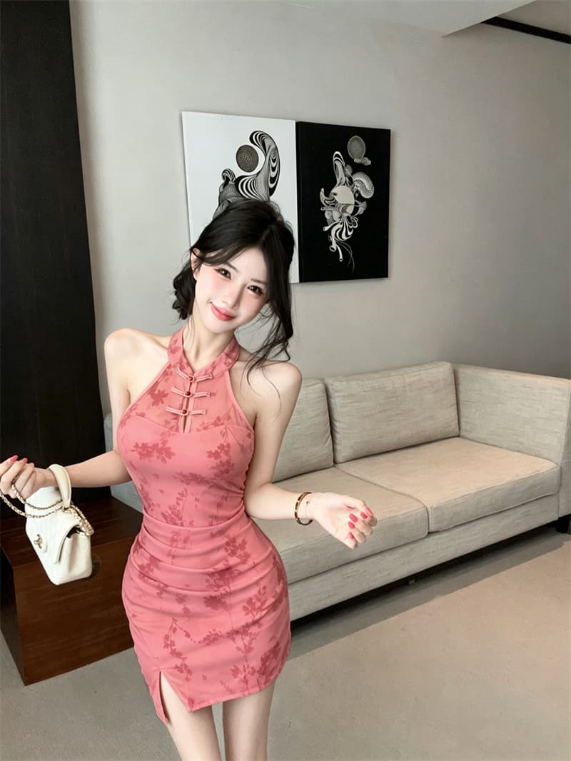 실사 2026 새로운 섹시함 패키지 단추 식물 플러시 레이스 개선 패키지 타이트 스커트 치파오 드레스 상세 이미지 3