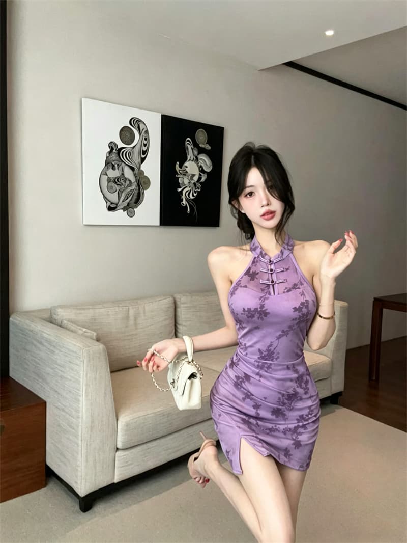 실사 2026 새로운 섹시함 패키지 단추 식물 플러시 레이스 개선 패키지 타이트 스커트 치파오 드레스 상세 이미지 9