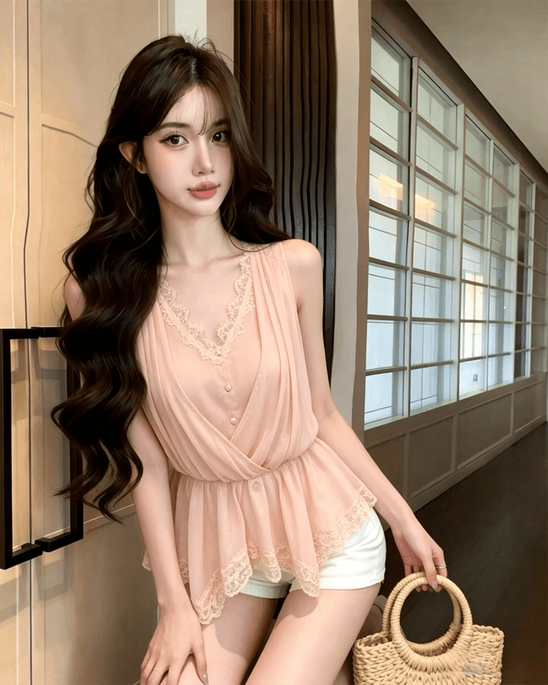 실사 여름 순수한 욕망 V넥 패치워크 레이스 측면 몸매 가꾸기 민소매 조끼 디자인 센스 핫걸 페이크 레이어드 허리 수축 티셔츠 상세 이미지 3