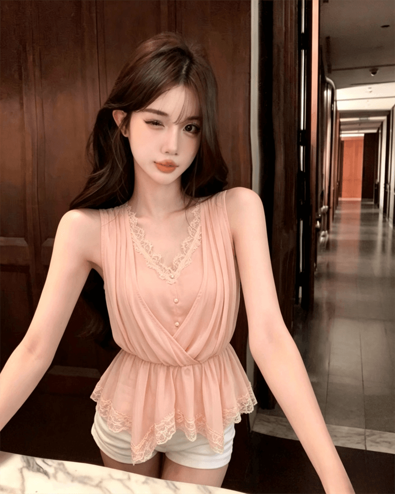 실사 여름 순수한 욕망 V넥 패치워크 레이스 측면 몸매 가꾸기 민소매 조끼 디자인 센스 핫걸 페이크 레이어드 허리 수축 티셔츠 상세 이미지 4