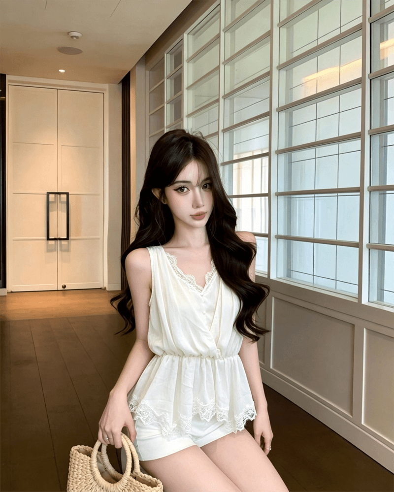 실사 여름 순수한 욕망 V넥 패치워크 레이스 측면 몸매 가꾸기 민소매 조끼 디자인 센스 핫걸 페이크 레이어드 허리 수축 티셔츠 상세 이미지 6